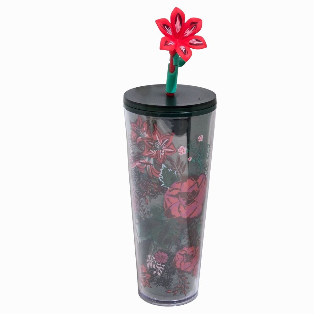 NEW Starbucks Holiday 2022 Poinsettia Venti Tumbler Silicone Flower Straw Topper